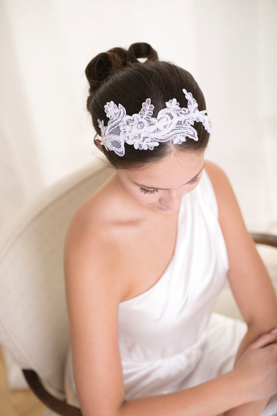 Bridal Lace Headband: White Floral Pearl Headpiece