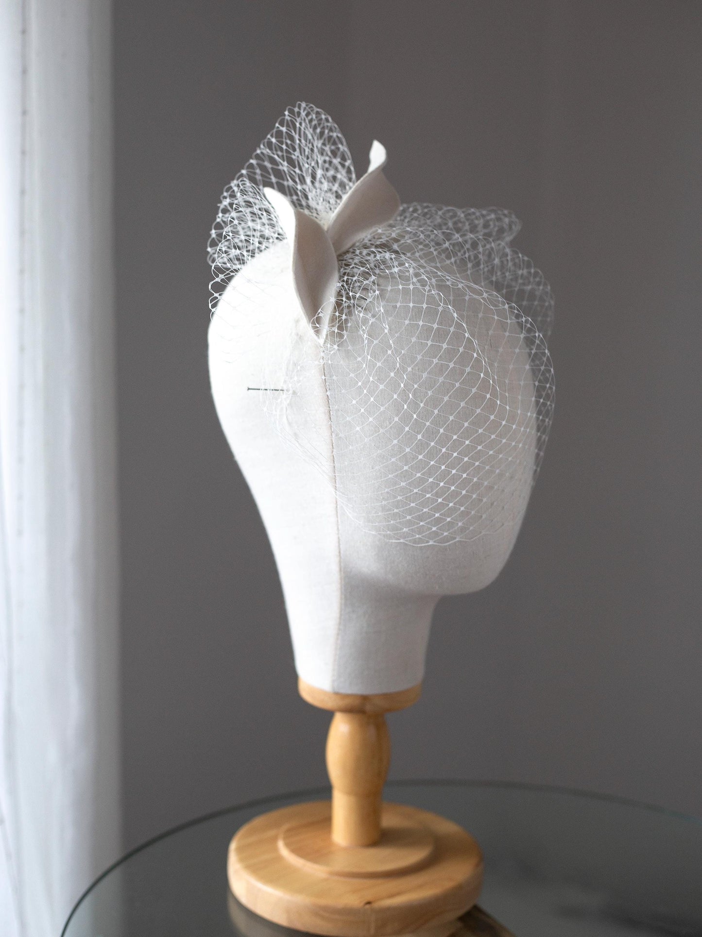 Ivory Birdcage Veil: Felt Leaf Petals, Elegant Bridal Headpiece