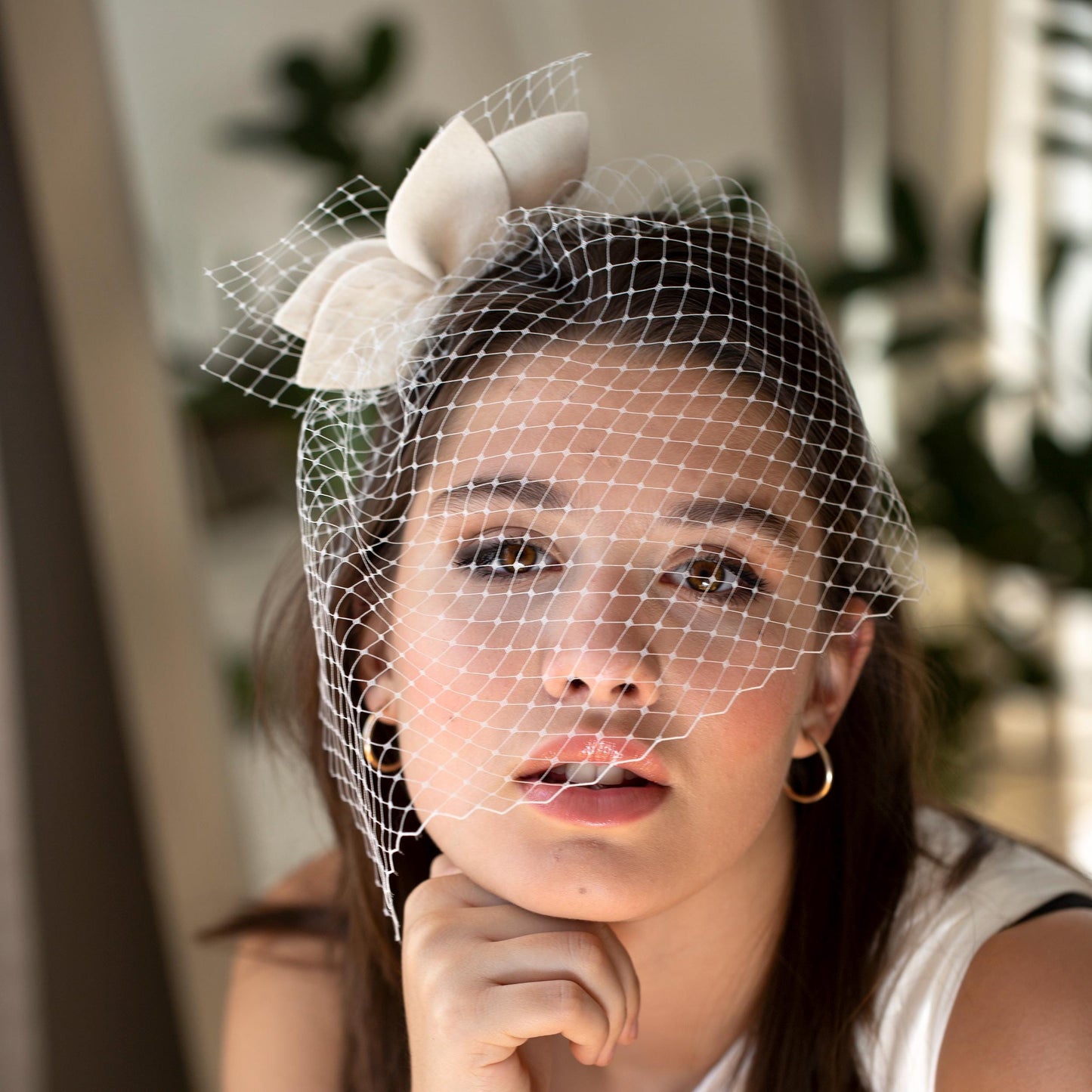 Ivory Wedding Fascinator: Felt Leaves, Short Birdcage Veil