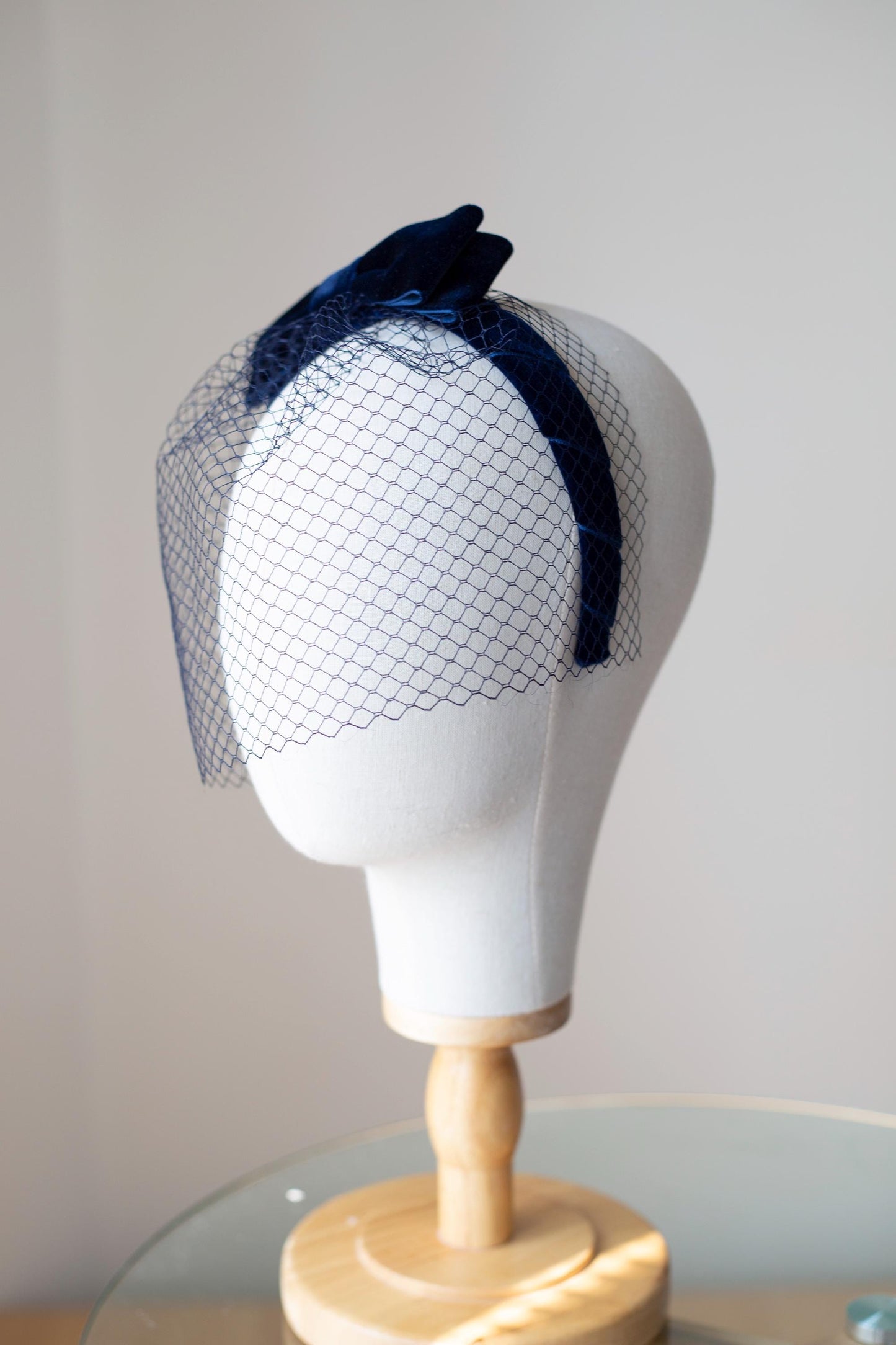 Navy Velvet Birdcage Veil Headband: Vintage Wedding Headpiece with Netting Face Veil