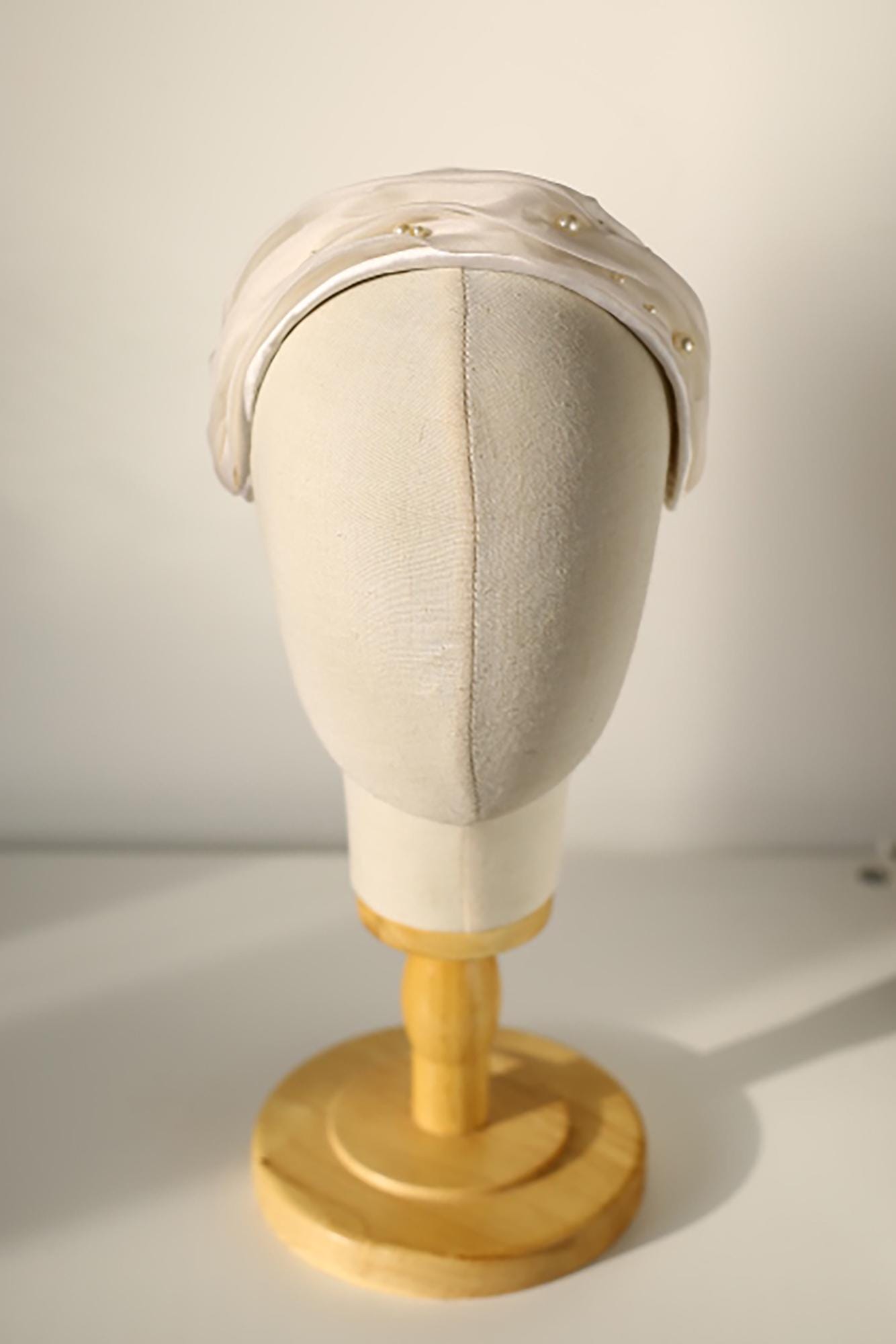 Ruched Silk Bridal Headband with scattered Pearls: Millinery Wedding Headpiece with Swarovski in Ivory, Old Hollywood Style Bride