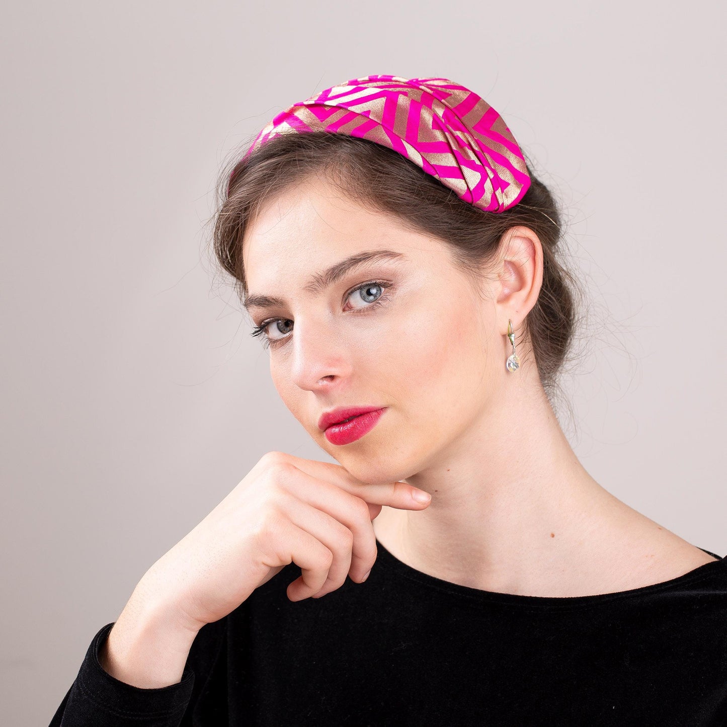 Pink and Gold Chevron Wide Headband, Draped Silk Half Hat Headpiece
