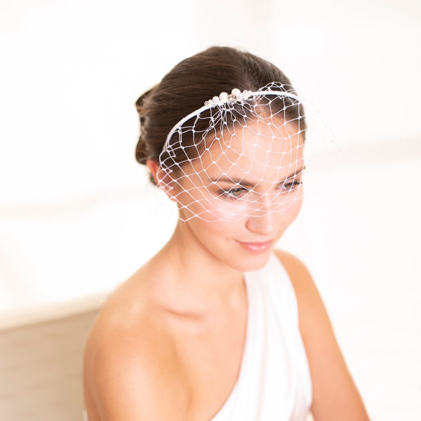 Petite birdcage veil with Swarovski pearls and crystals, beaded wedding veil on headband, pearl embellished bridal veiled headband