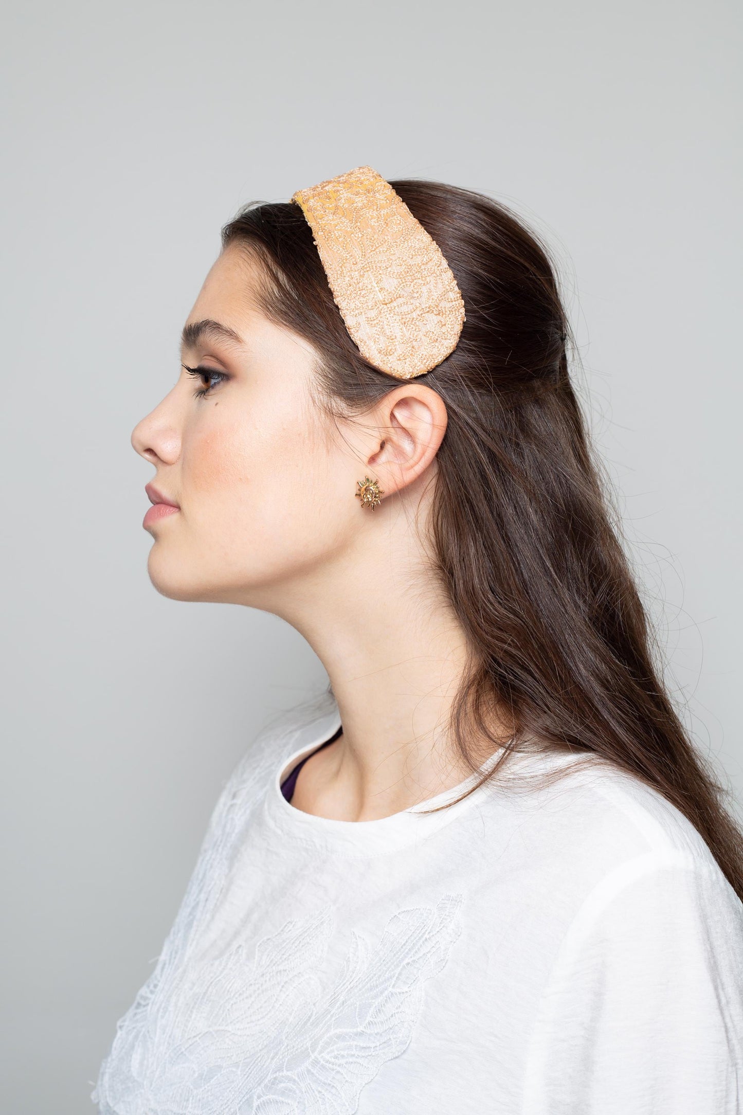 Peach Silk Headband – Embroidered Indian Silk Wide Millinery Headpiece, Bridal & Special Occasion Hair Accessory