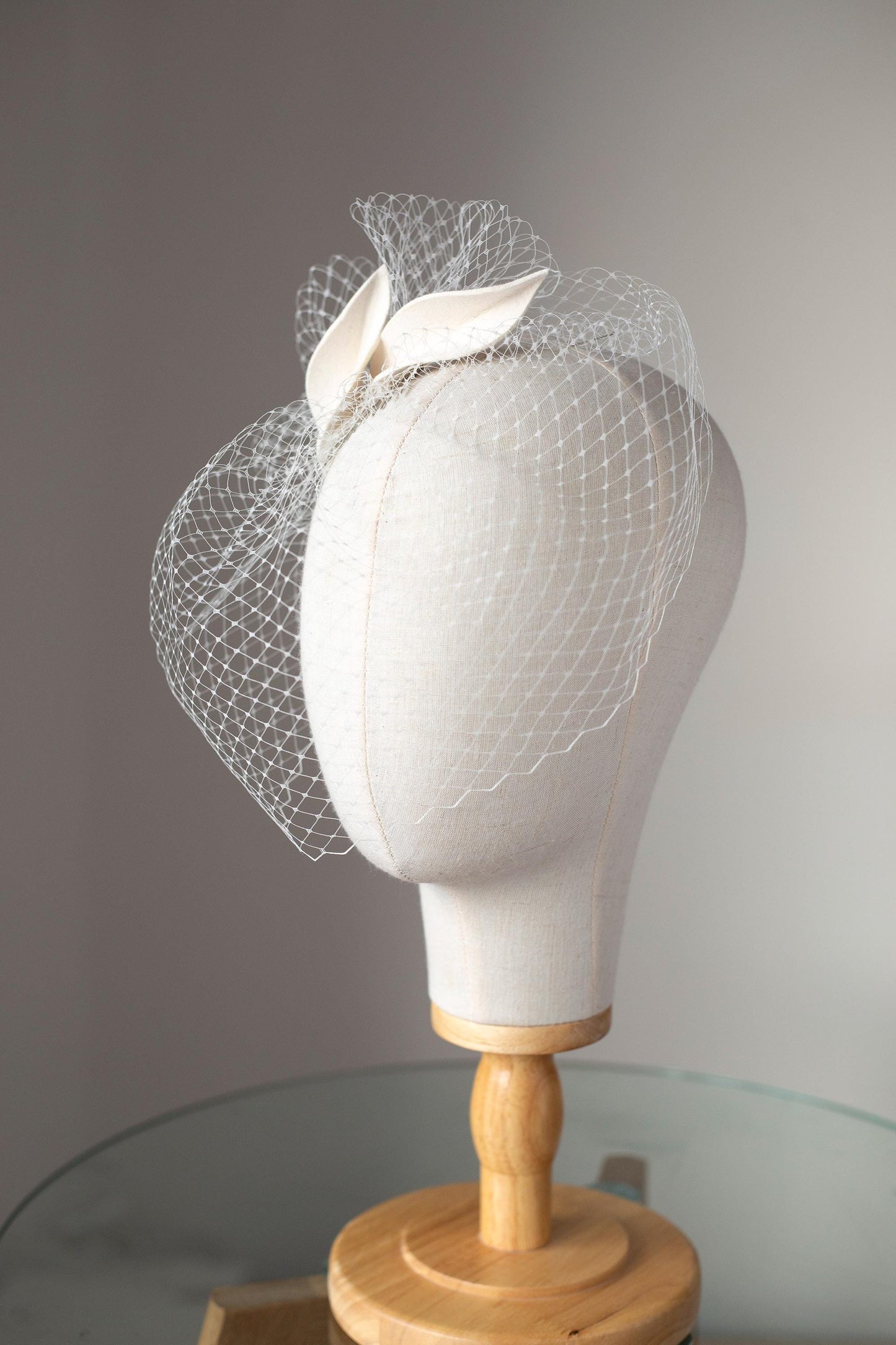 Bridal petals fascinator with short birdcage veil, ivory felt leaves head piece on wedding birdcage netting veil, READY TO SHIP