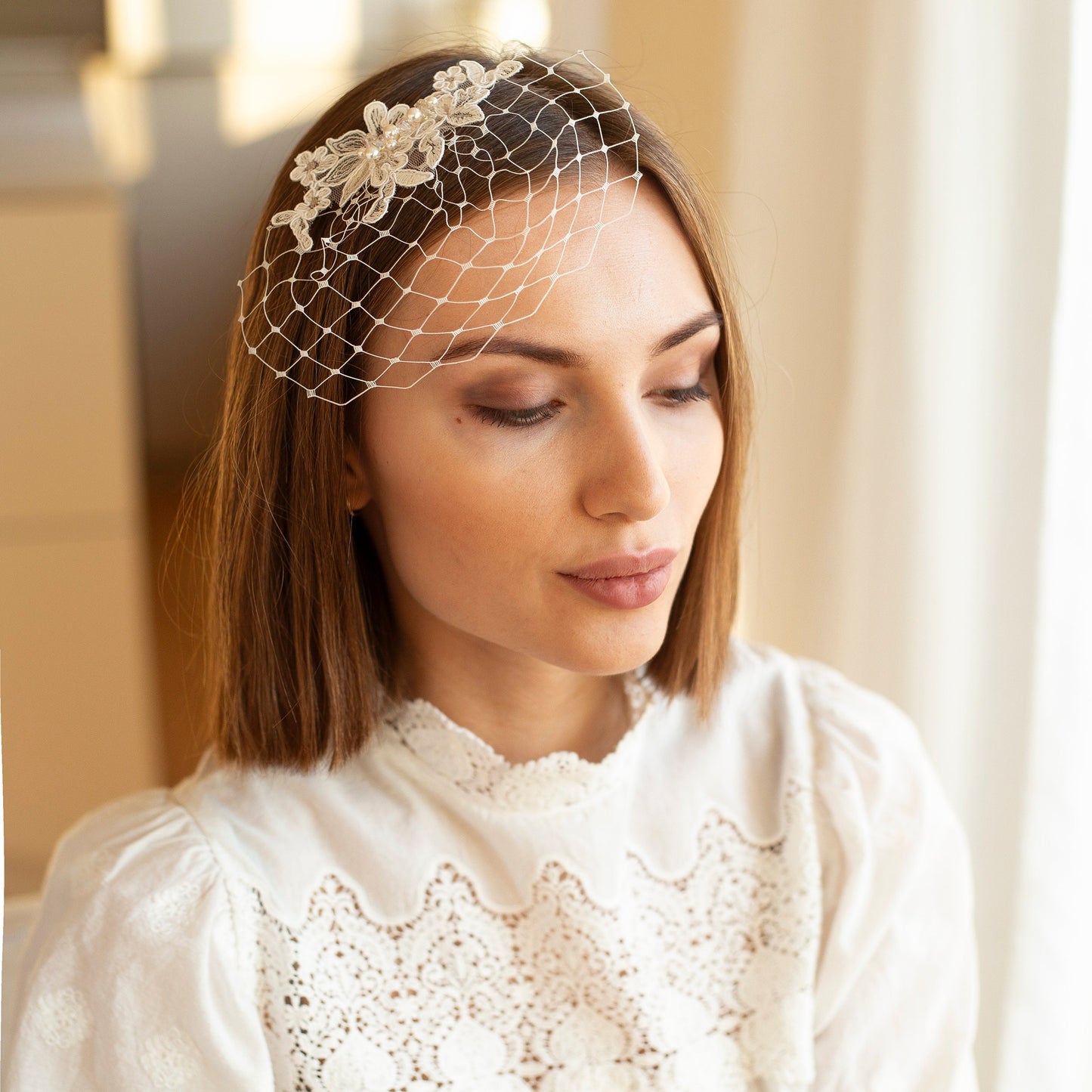 Small size netting birdcage with floral lace and Swarovski pearls and crystals, short wedding veil with ivory silver lace and pearls