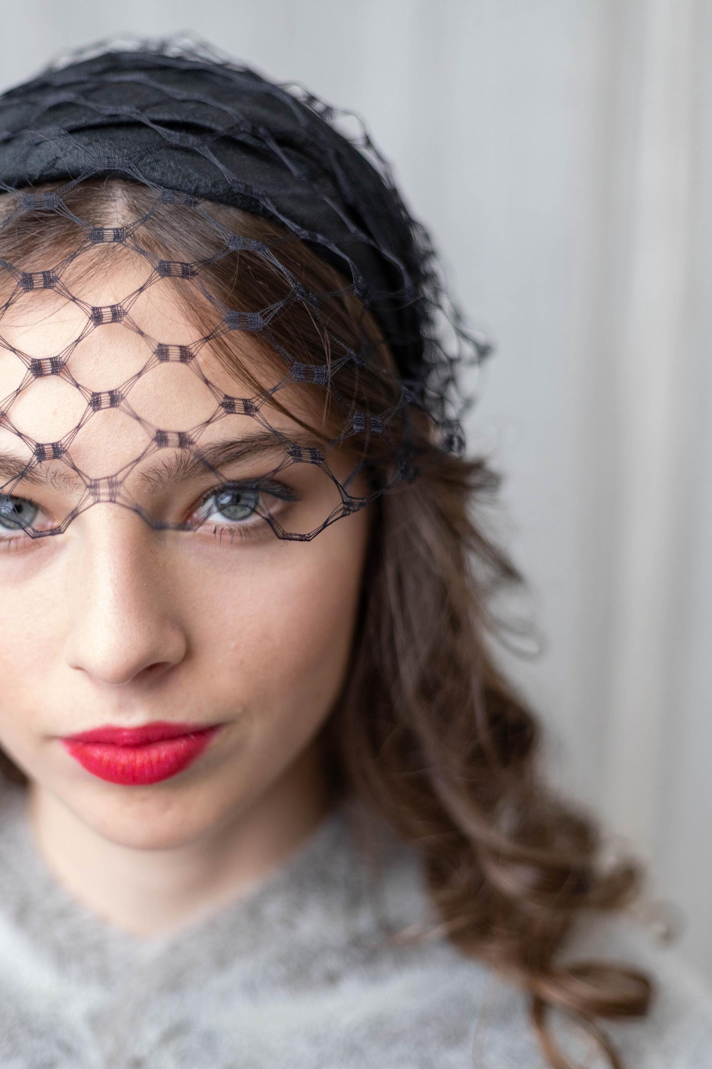 Black Silk Dupion Cap Hat with Honeycomb Birdcage Veil