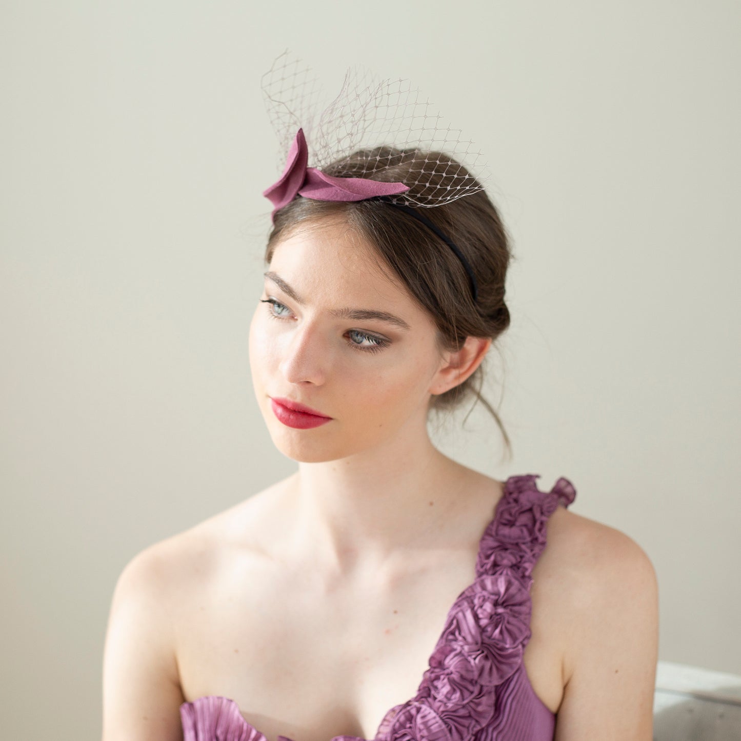 Black Silk Petal Fascinator, Wavy Leaves & Veiling Headpiece