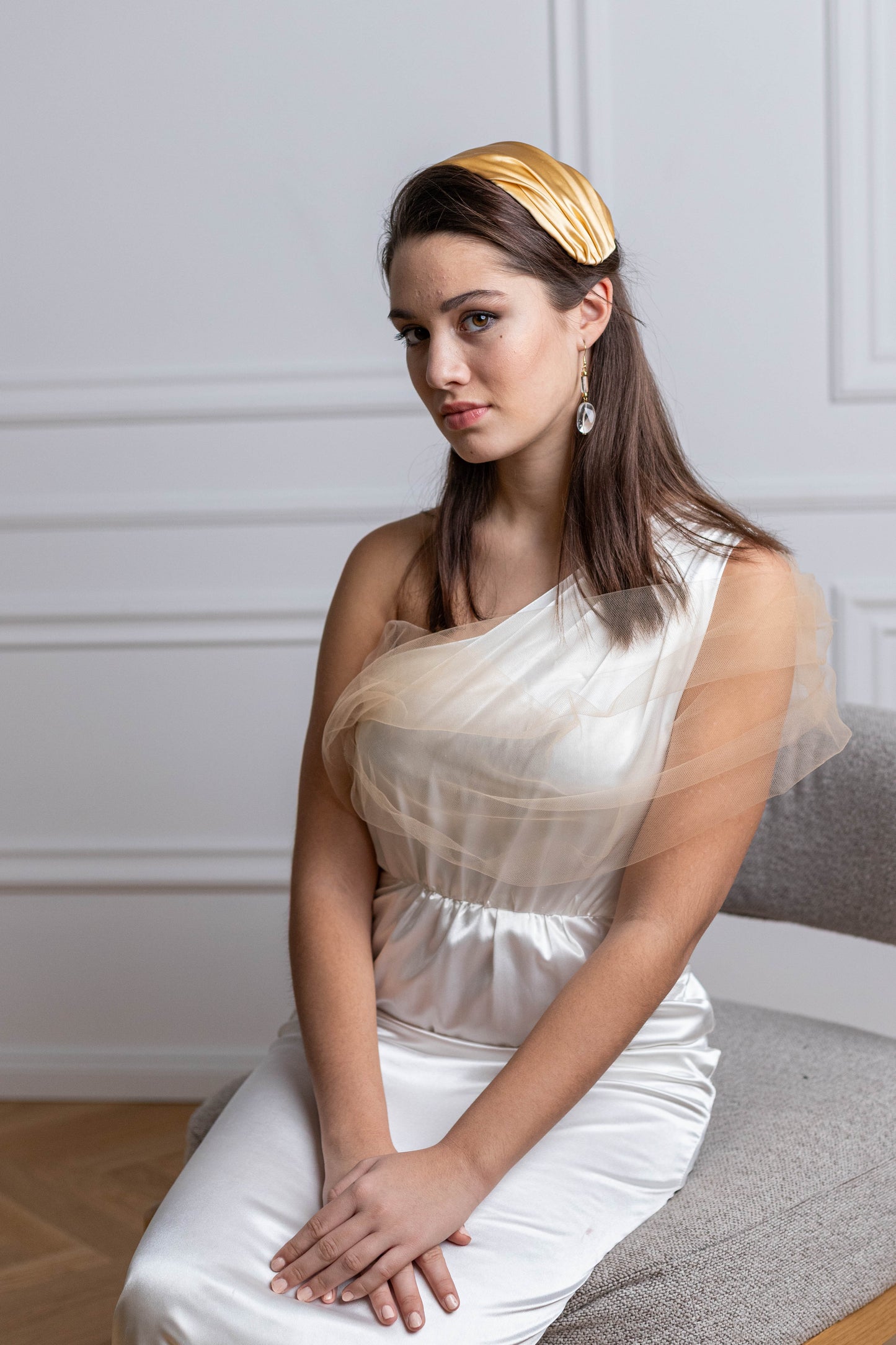 Golden Silk Satin Cap Headpiece, Old Hollywood Inspired Draped Silk Half Hat, 1950s Style Wedding Hat