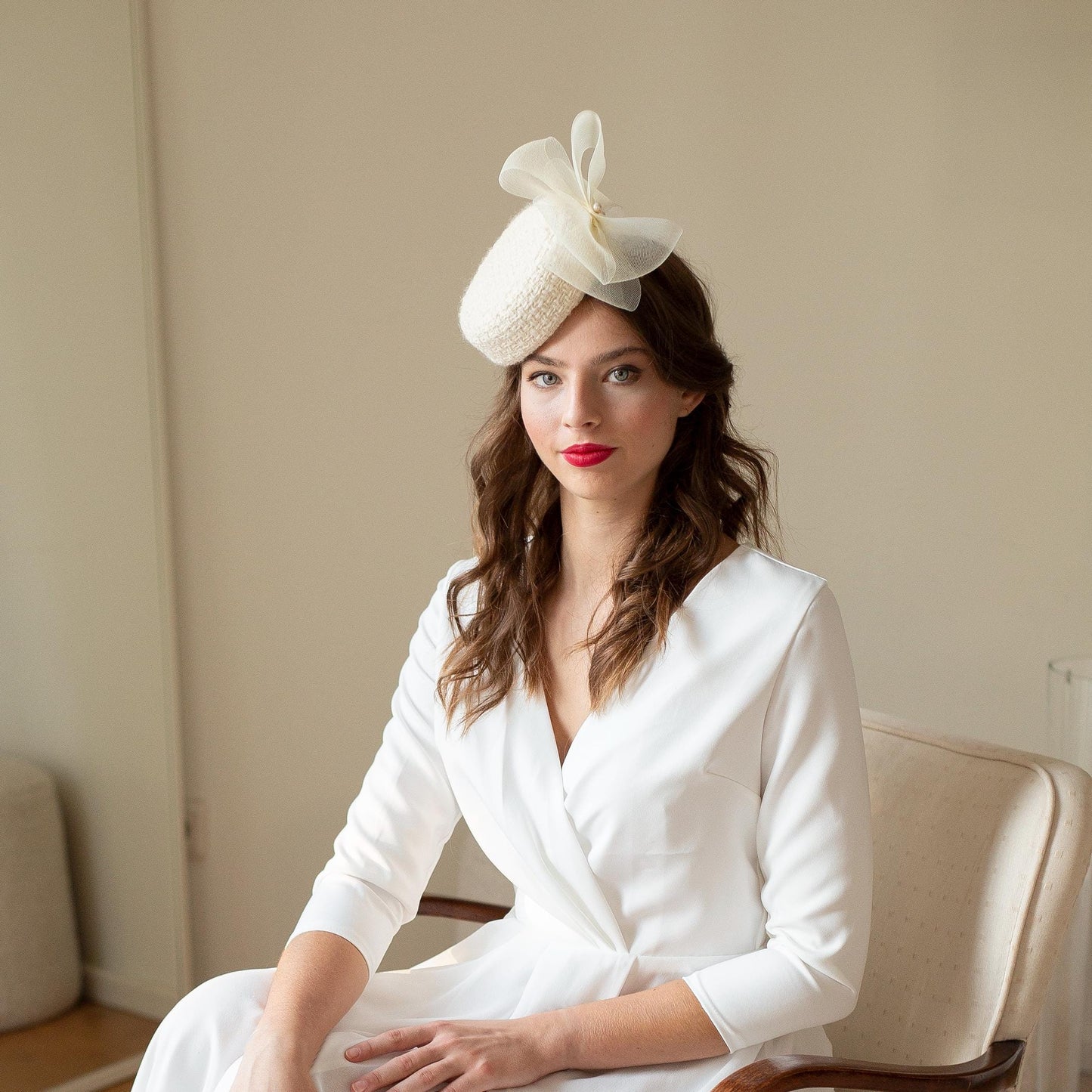 Bridal Wool Tweed Pillbox Hat: Cream Flower & Pearls Winter Wedding