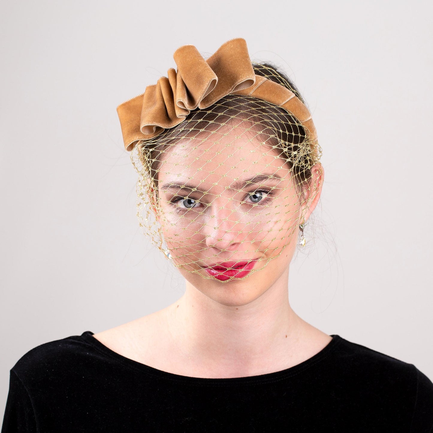 Elegant Ochre Headband with Gold Birdcage Netting Removable Gold Veil Party Headpiece