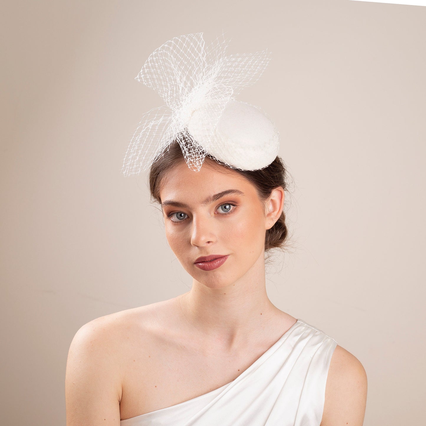 Bridal Veiled Pillbox Hat: Couture Fur Felt Wedding Hat with Netting Bow