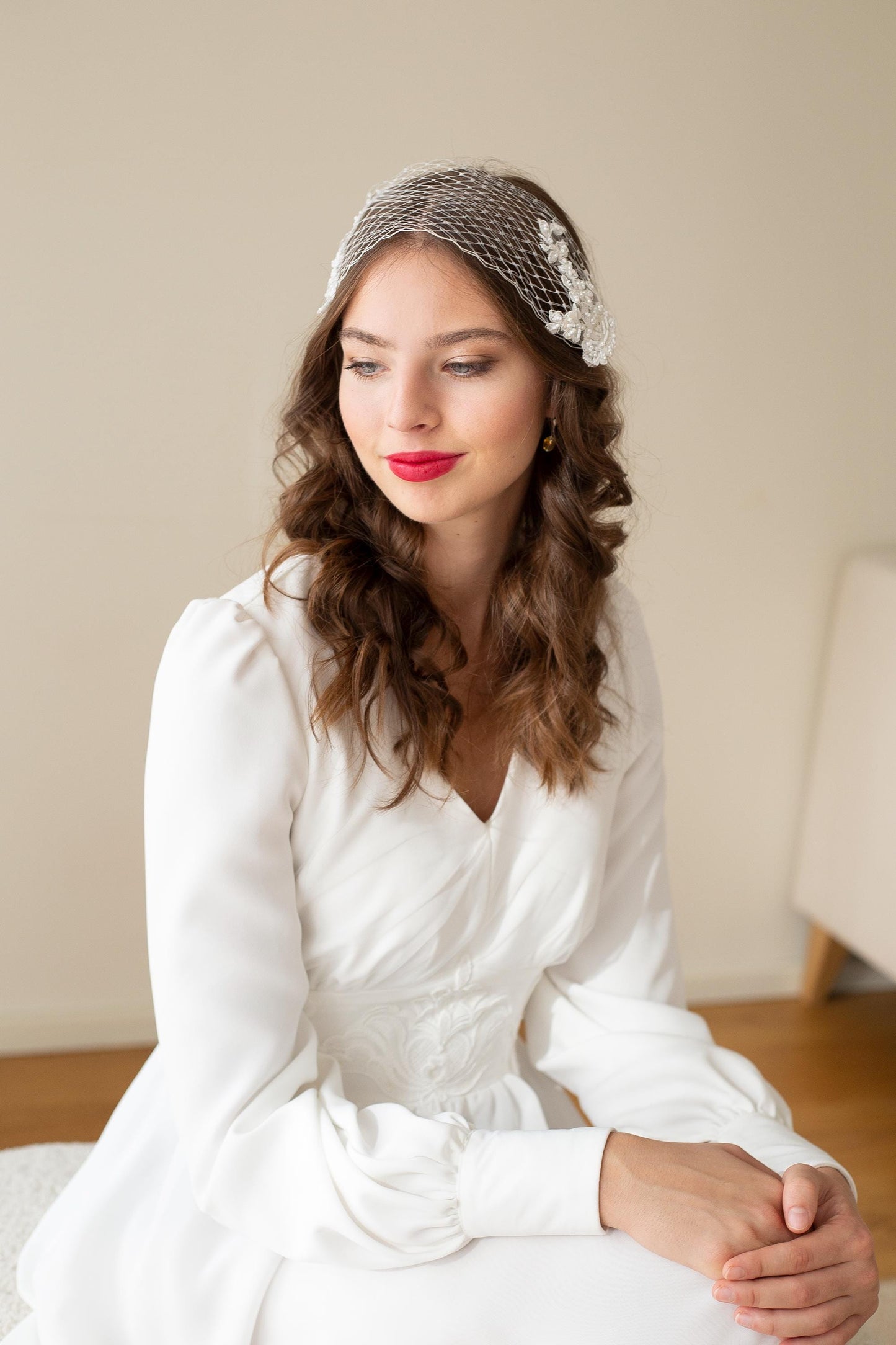 Ivory Floral Lace Bandeau Veil: Beaded Wedding Headband