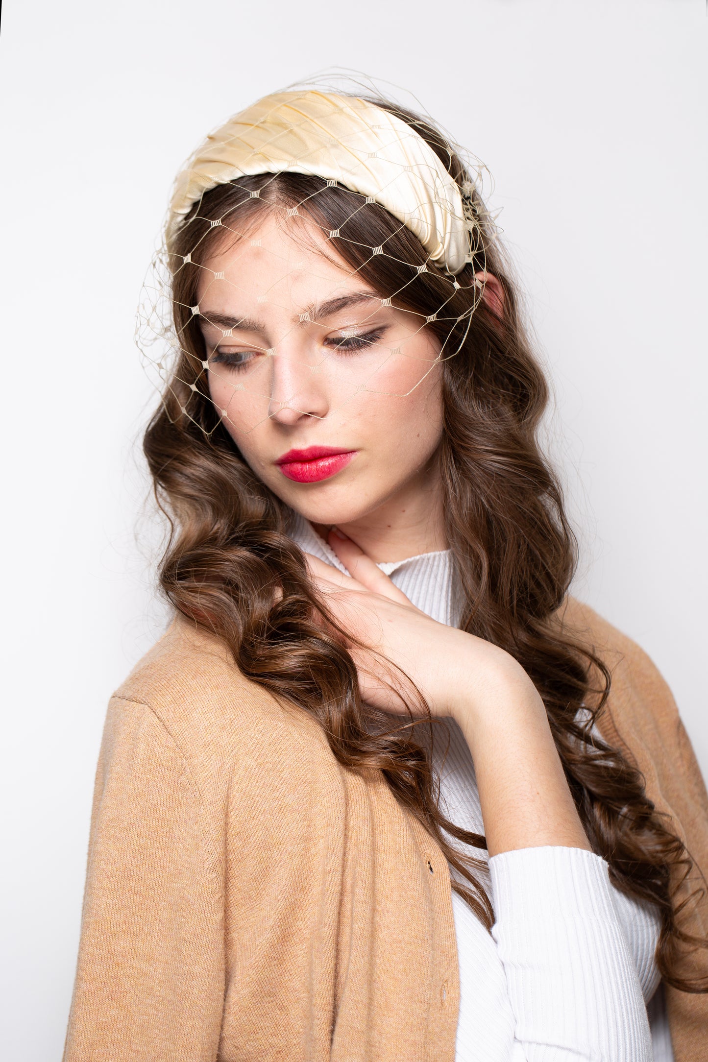 Golden Beige Silk Satin Headband with Vintage detachable Veil