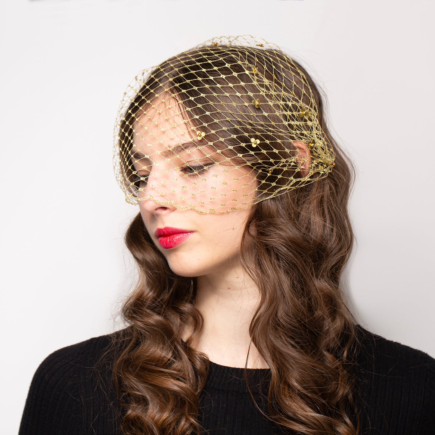 Gold Netting Face Veil with Flower Beads Accents, Luxury Party Gold Birdcage