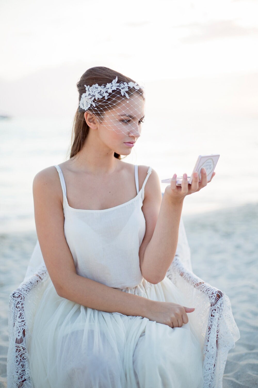 Ivory Lace Bandeau Veil: Floral Wedding Birdcage with Pearls, netting face veil