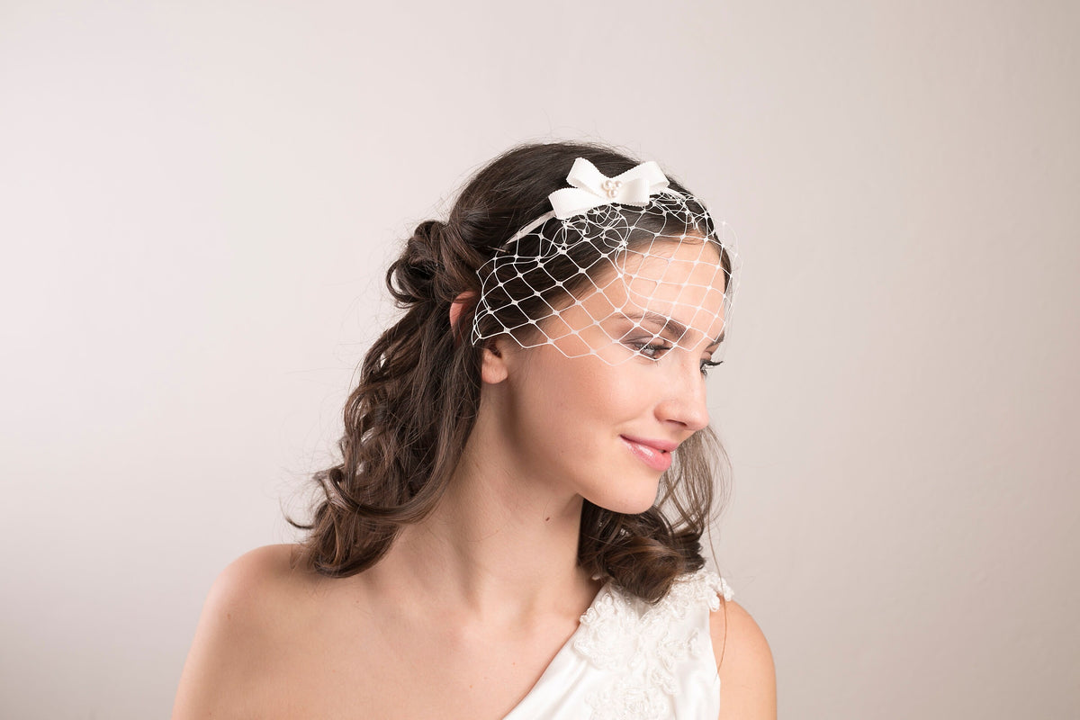 Bridal bow headband with birdcage and pearl center, headband birdcage, ivory bow birdcage