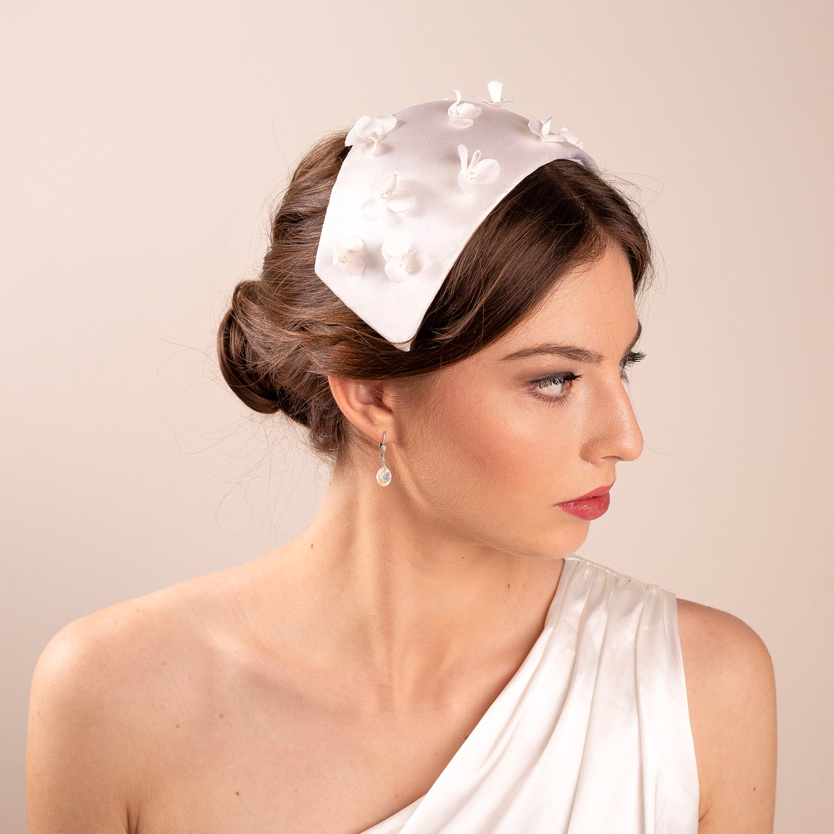 Silk Satin Wedding Half Hat with Removable Bandeau Veil, Vintage Bridal Headpiece with Crystals, Birdcage Veil on Two Pins