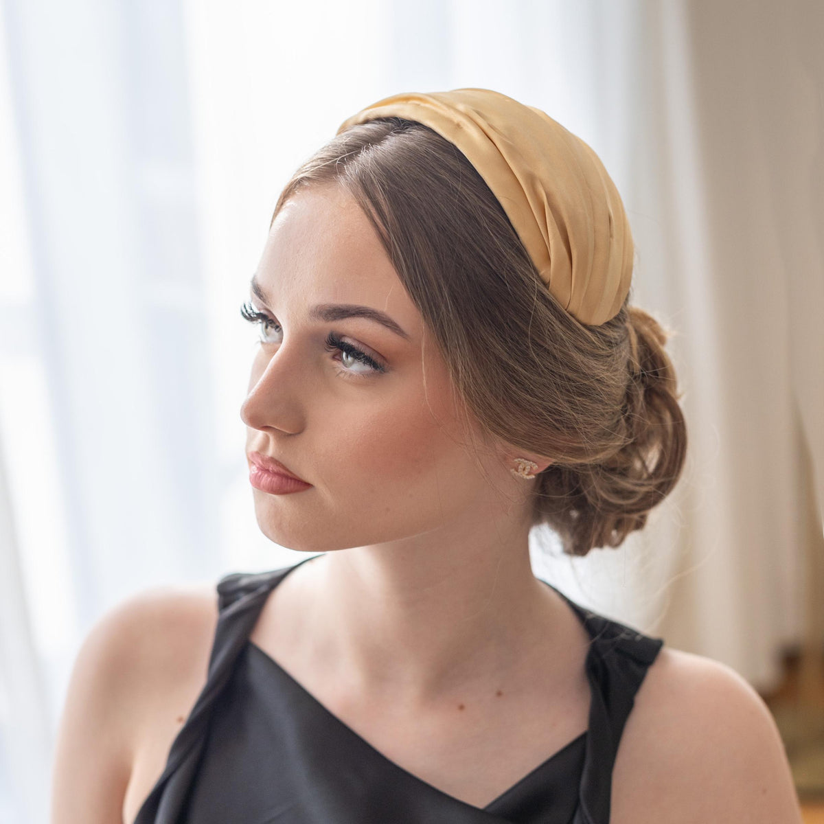 Golden Silk Satin Draped Headpiece: Vintage 1950s Style Half Hat