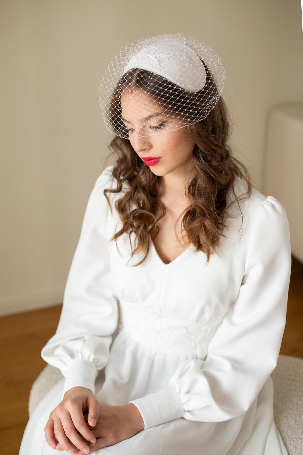 Bridal Juliet Cap: Silk Velvet Wedding Hat with Beaded Lace Birdcage Veil, mid century half hat with removable netting