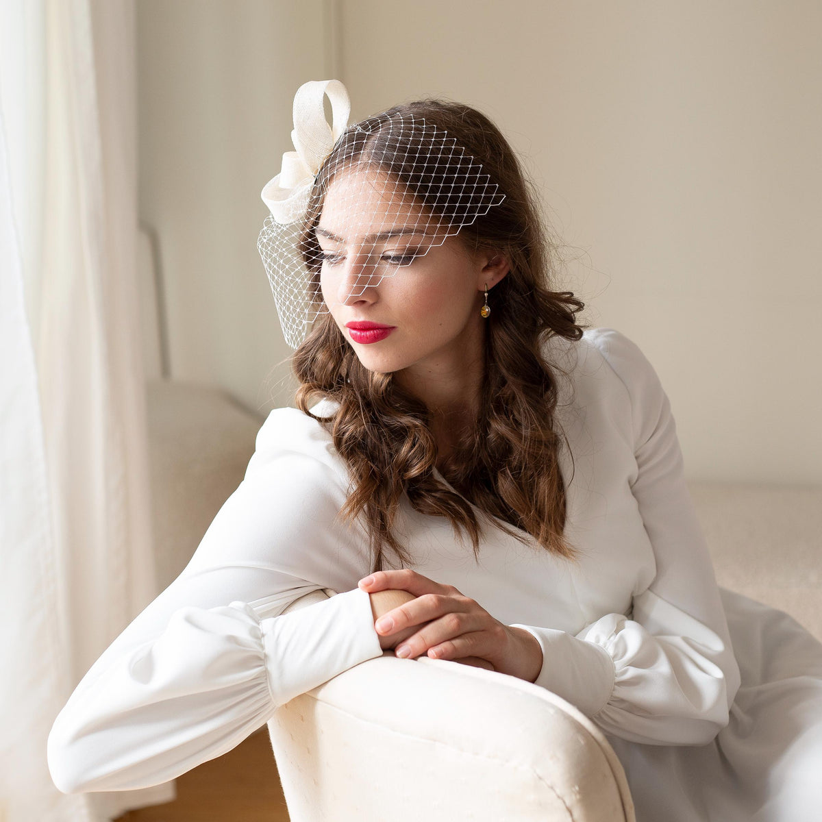 White Bridal Birdcage Veil Fascinator: Minimalist Wedding Headpiece