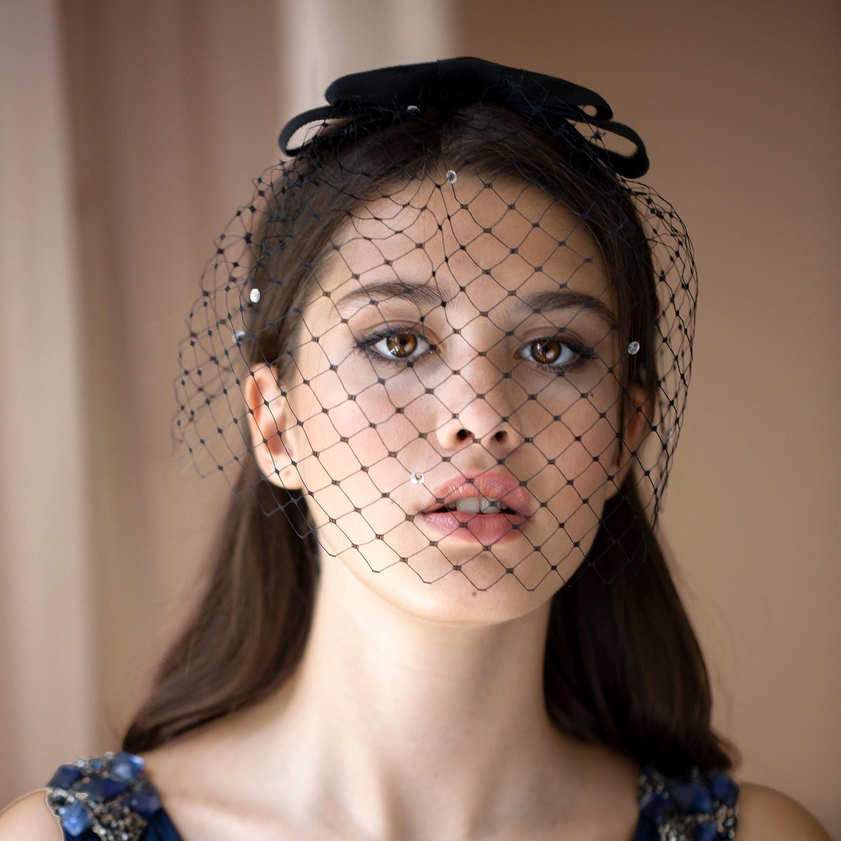 Black Birdcage Veil with Rhinestone Bow - Wedding Party Hair Accessory