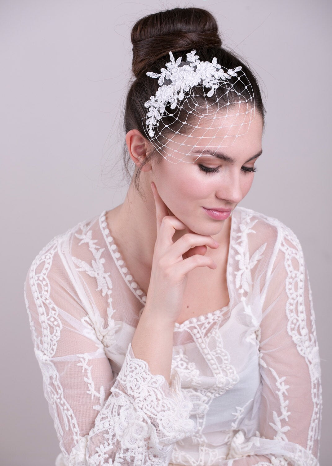 Ivory Lace Birdcage Veil: Petite Wedding Veil with Comb