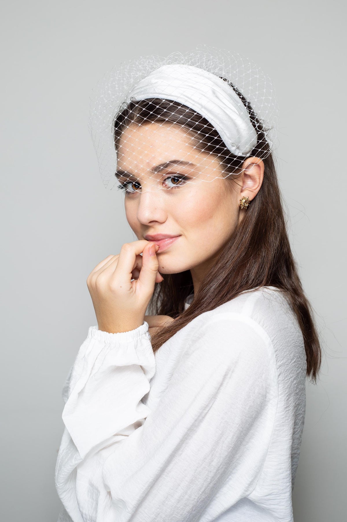 Wide Headband with Bridal Birdcage Veil, Vintage style silk draped Wedding Headpiece with detachable netting