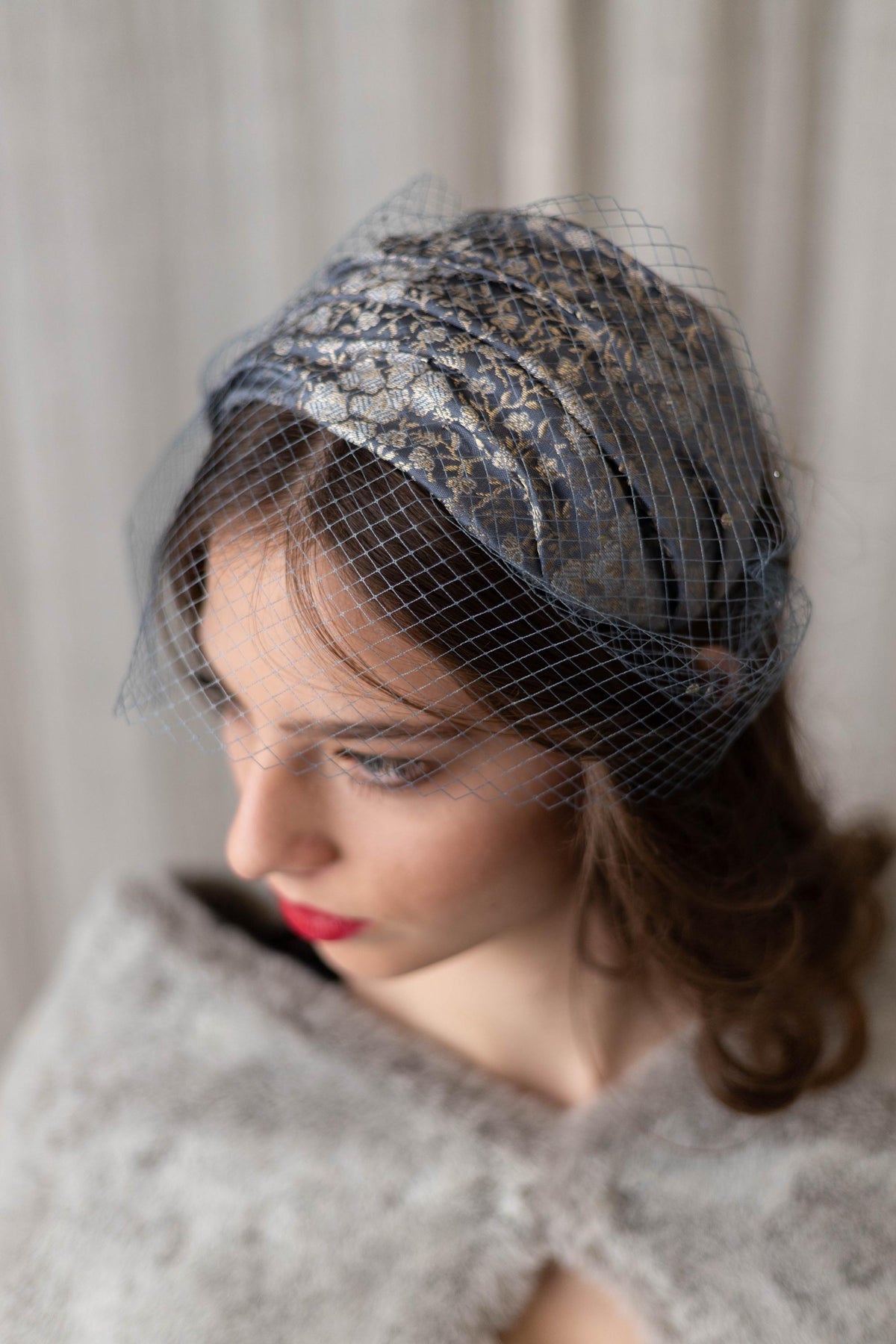 Silver - grey Cap Hat with vintage netting birdcage, Couture Veiled Headpiece in Blueish Grey – Luxury Occasion or Formal Event Hat