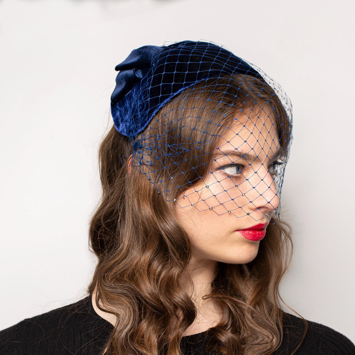 Occasion Headpiece in Blue Silk Velvet, Mid century Cap Hat for Wedding, Formal Event, Old Hollywood style rear worn half hat