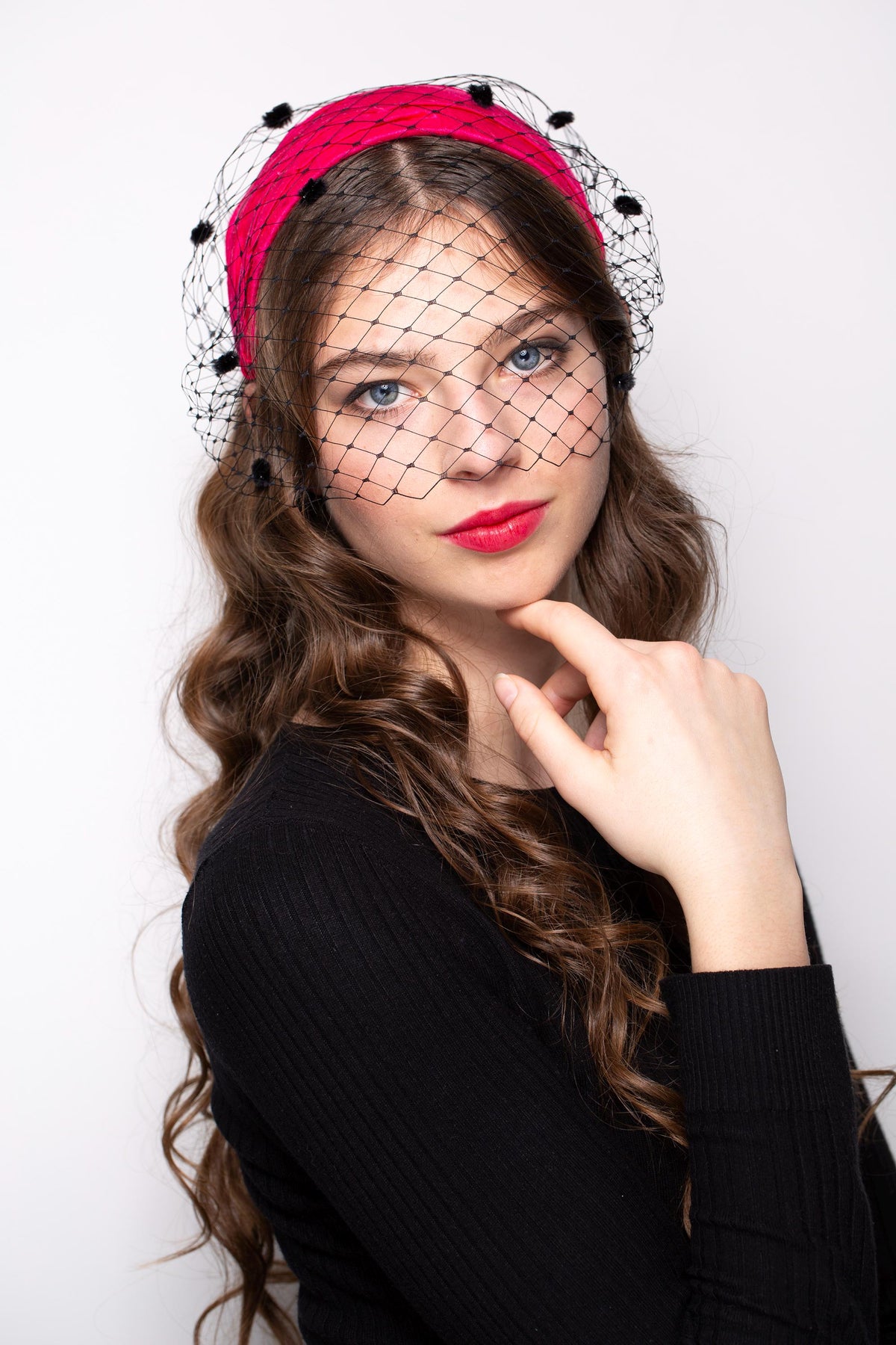 Hot Pink Ladies Hat Draped in Silk Dupion with dotted Black Netting Veil, Old Hollywood Style Headpiece, mid-century headpiece and birdcage
