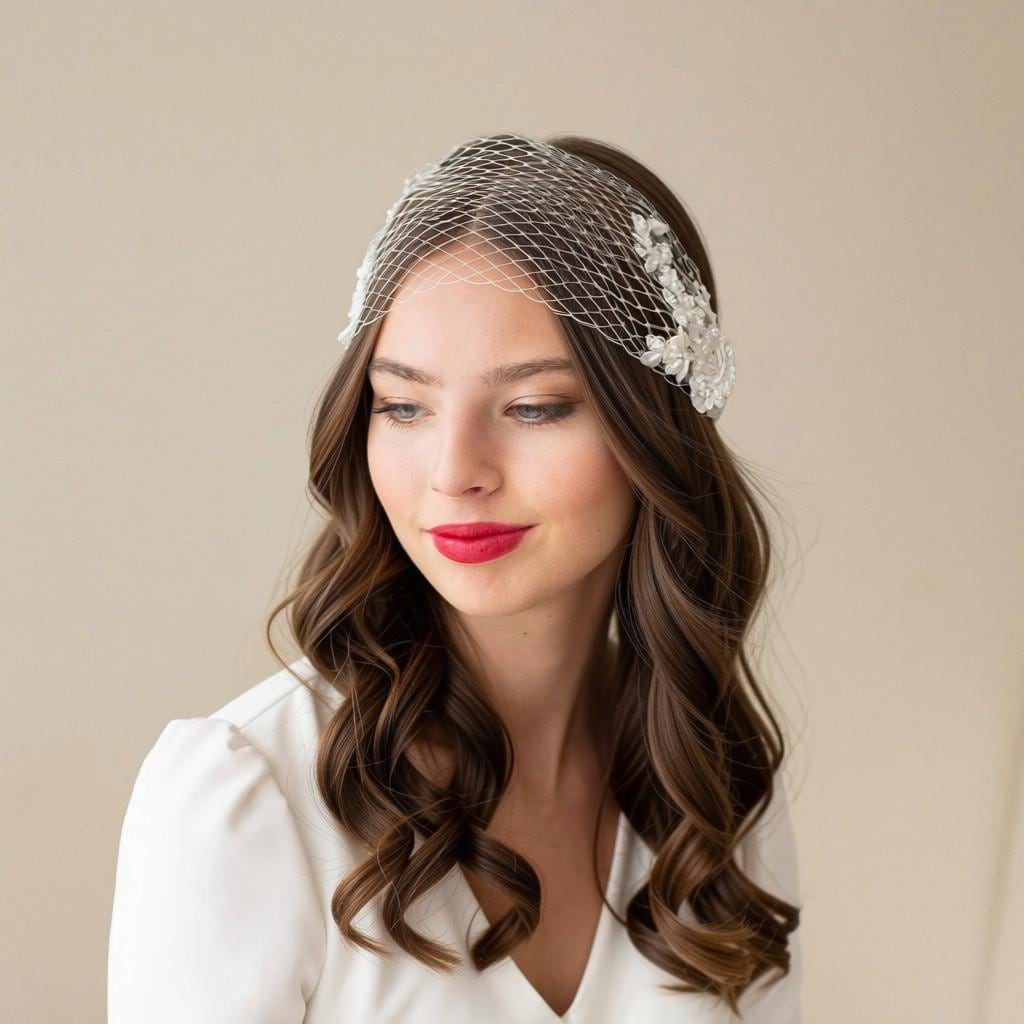 Ivory Floral Lace Bandeau Veil: Beaded Netting Headband for a Bride