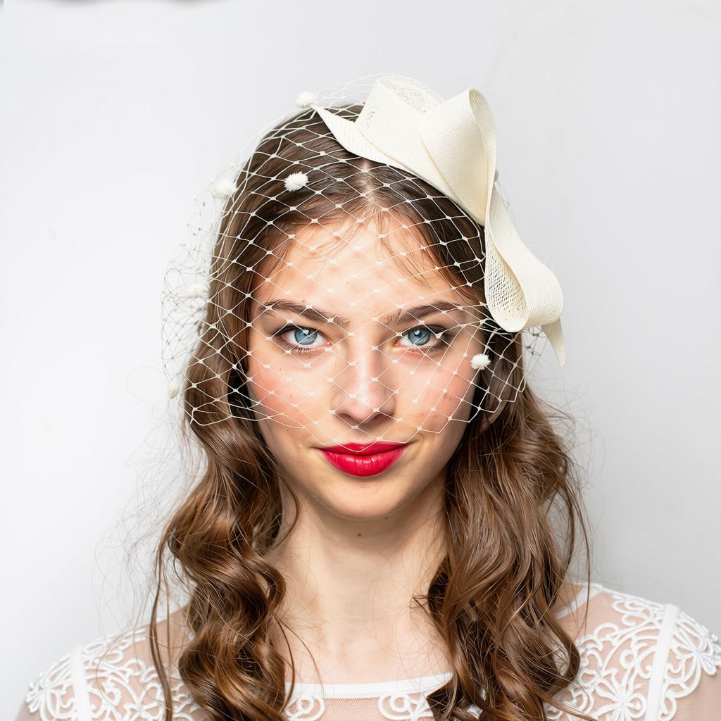 White Wedding Fascinator with Birdcage Veil, Minimalist Bow Headpiece with Netting