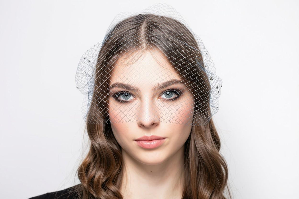 Steel Blue Birdcage Veil with Silver Rhinestones – Short Fascinator Veil for Weddings, Funerals & Formal Events