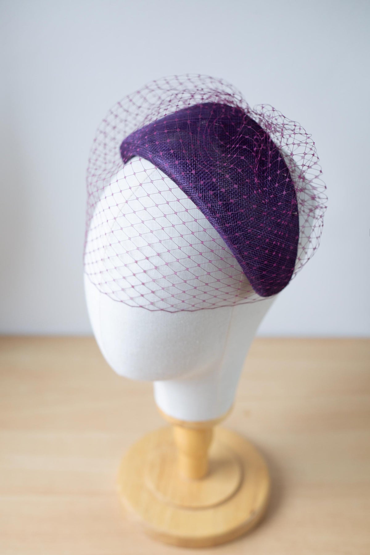 Aubergine Moon Headband with Birdcage Veil – Wedding Guest Crescent Headpiece, Couture Millinery Fascinator, Vintage Inspired Headpiece