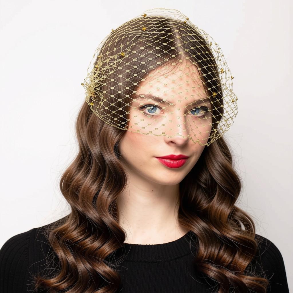 Luxury Gold Birdcage Veil with Brass Flower Details – Elegant Statement Hair Accessory