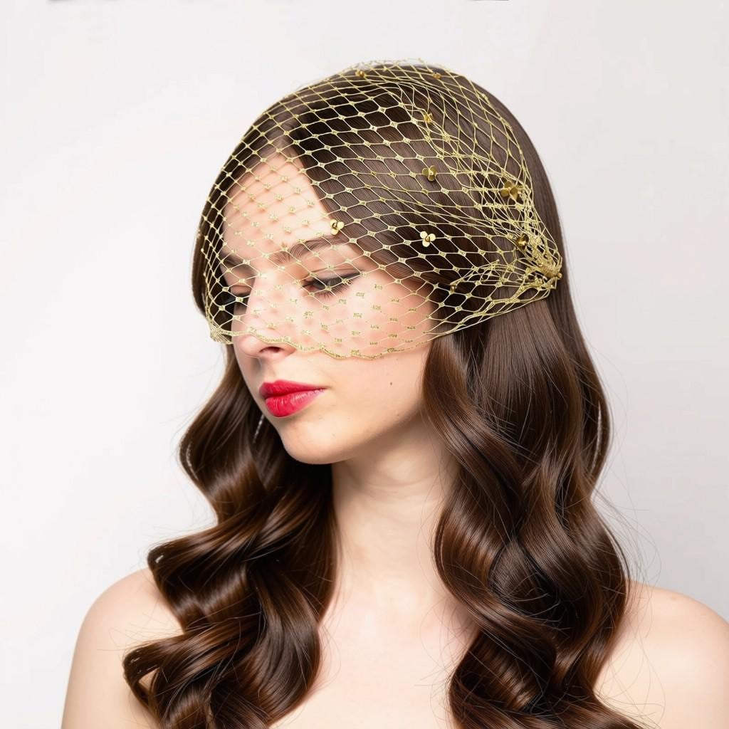 Gold Netting Face Veil with brass Flower Beads Accents, Luxury Party Gold Birdcage Prom Headpiece