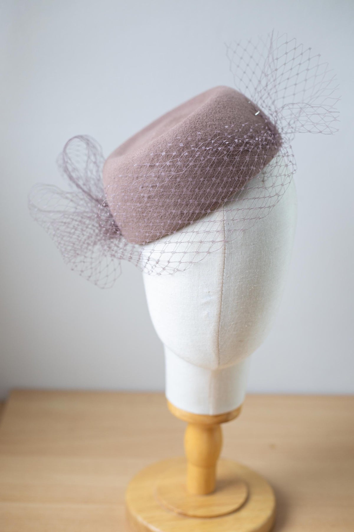 Taupe Pillbox with fine netting, elegant winter beret hat, Fashion Premium Felt Hat, Couture Millinery Headpiece