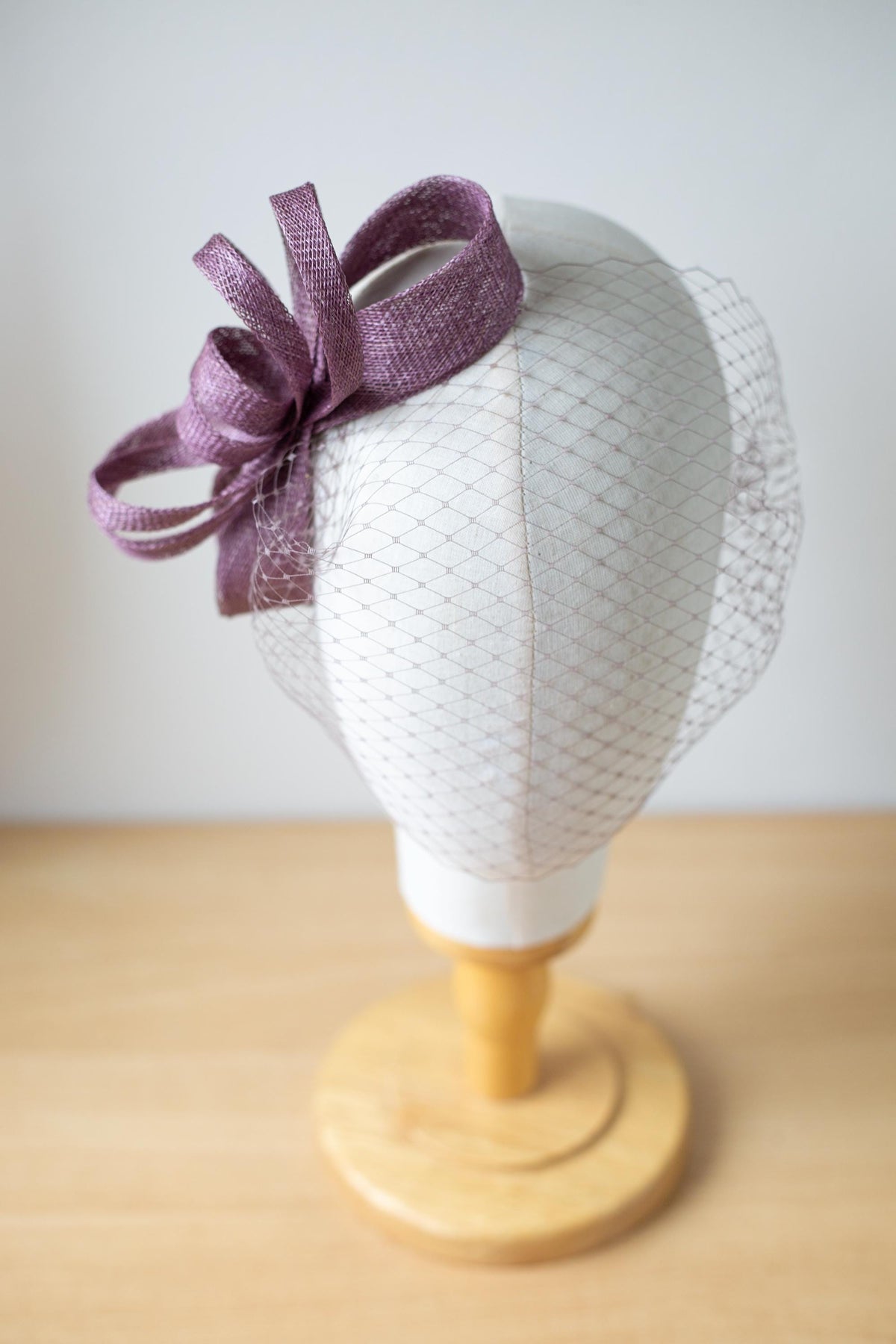 Bow Fascinator with Birdcage Veil in Mauve Taupe, Wedding Guest Hat, Mother of the Bride Headpiece