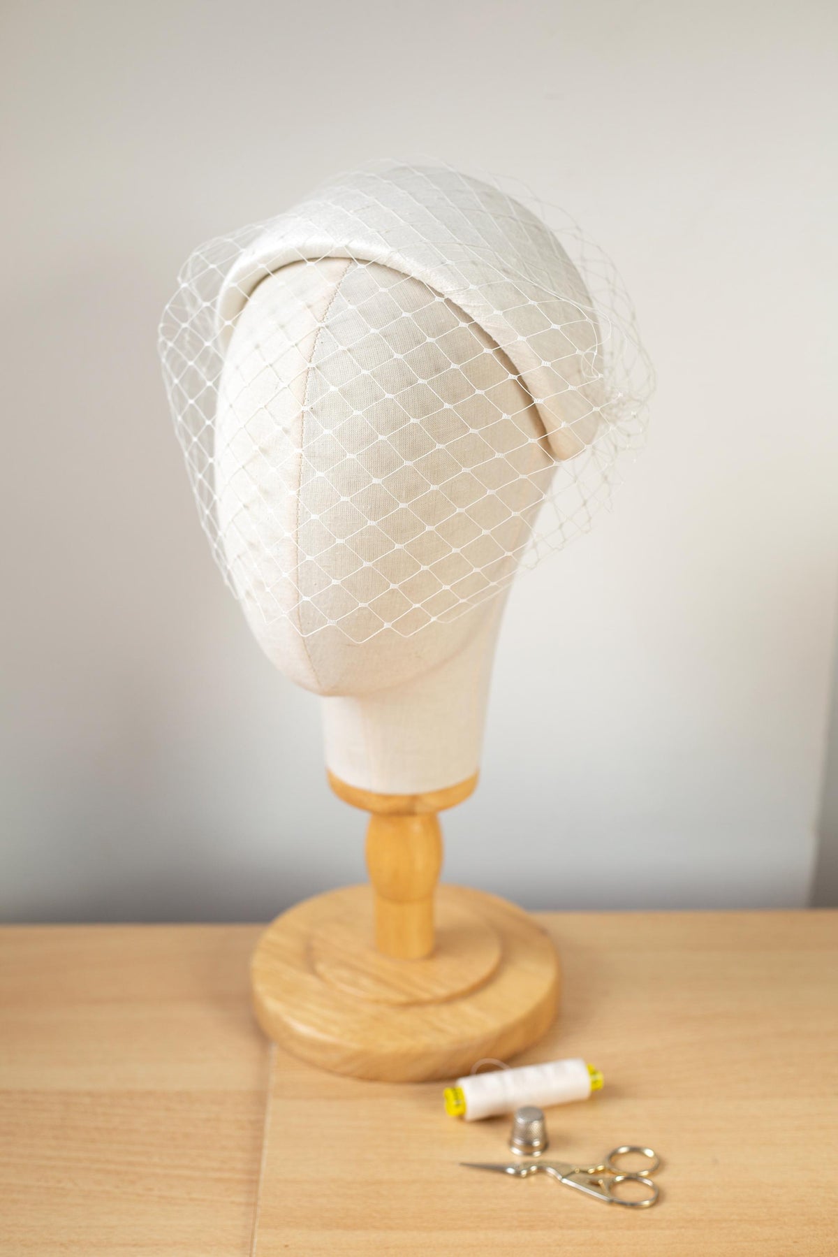 Grace Kelly Bridal Half Hat, Silk Dupion Headband with Removable Birdcage Veil, Vintage Inspired Civil Ceremony Veil, Couture Headpiece