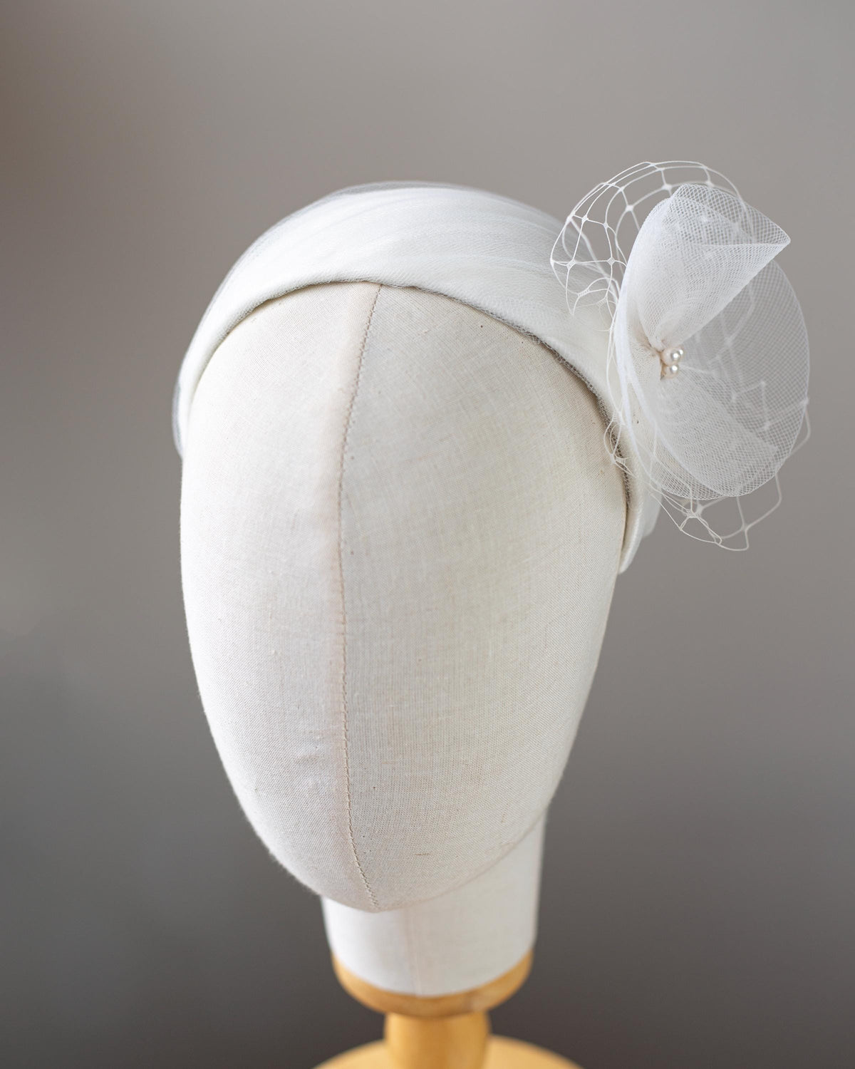 Vintage Bridal Half Hat Ivory Tulle, Wedding Cap and Crin Flower Swarovski Pearl, Grace Kelly Inspired Headpiece