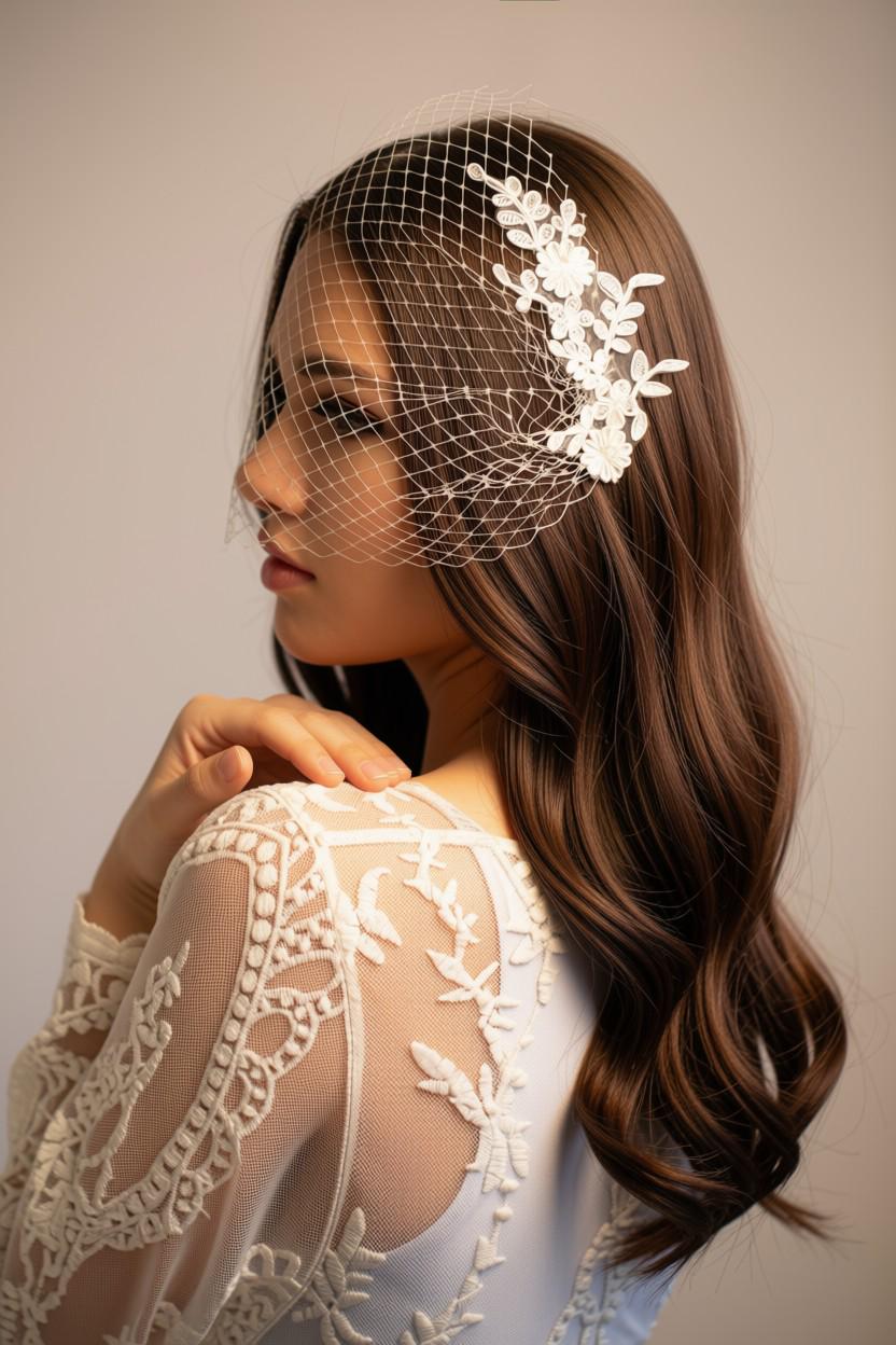 Petite Bridal Veil with Floral Lace | Bandeau Wedding Veil | Romantic Lace Veil | 2 Hair Combs | Minimalist Bridal Headpiece