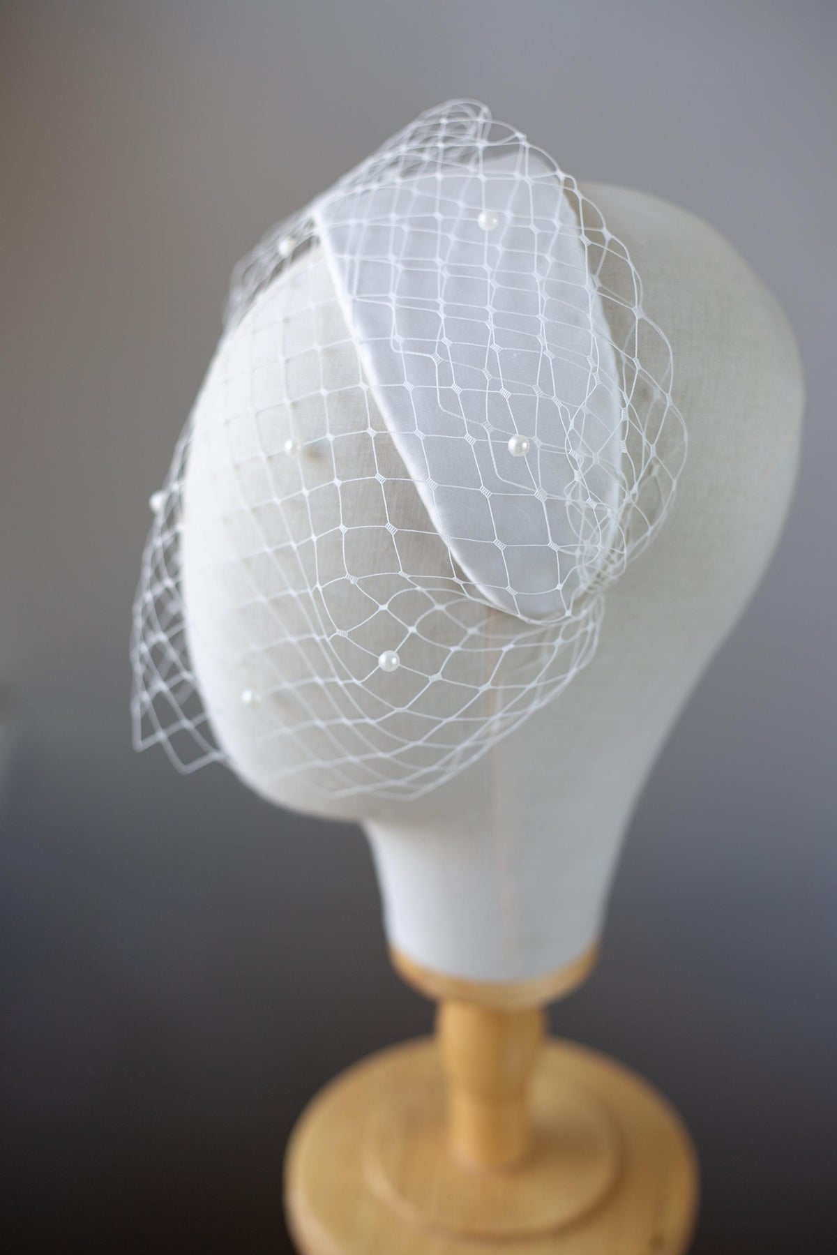Bridal Headpiece in white Silk Satin with Birdcage, Wedding Satin Petals Headband and Veil, Formal Event veiled Fascinator