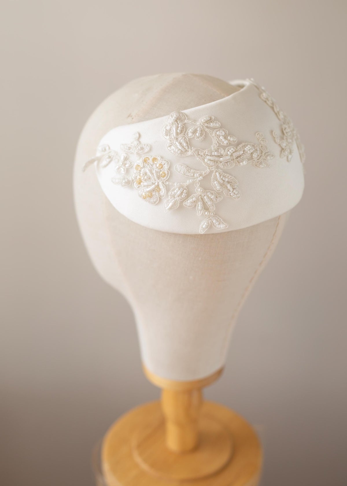 Matte Satin Wedding Cap Hat, Beaded Bridal Half Hat, Bridal Wide Headband, Vintage Bridal Headpiece, Ivory Lace Fascinator