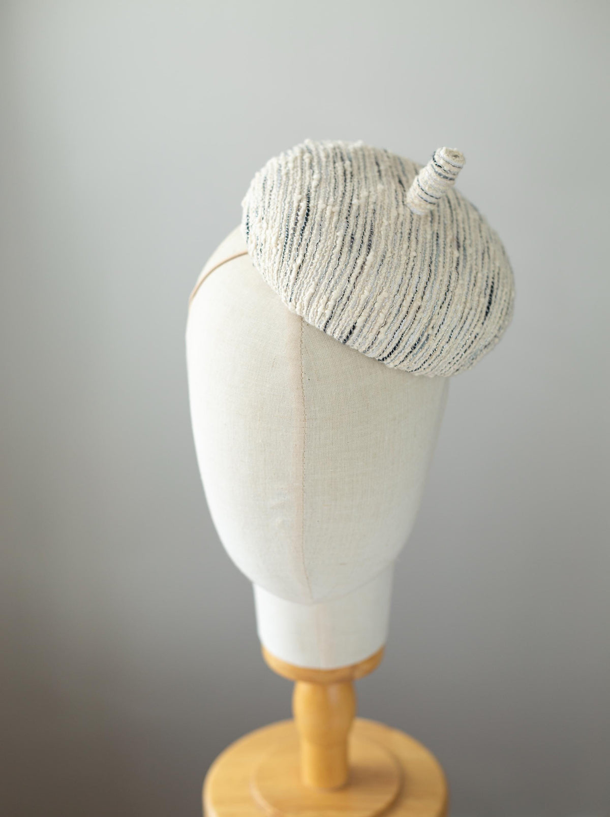 Ivory & Grey Tweed Button Hat, Cotton Tweed Beret Fascinator, Autumn Winter Couture Millinery Headpiece, Elegant Small Formal Hat for Women