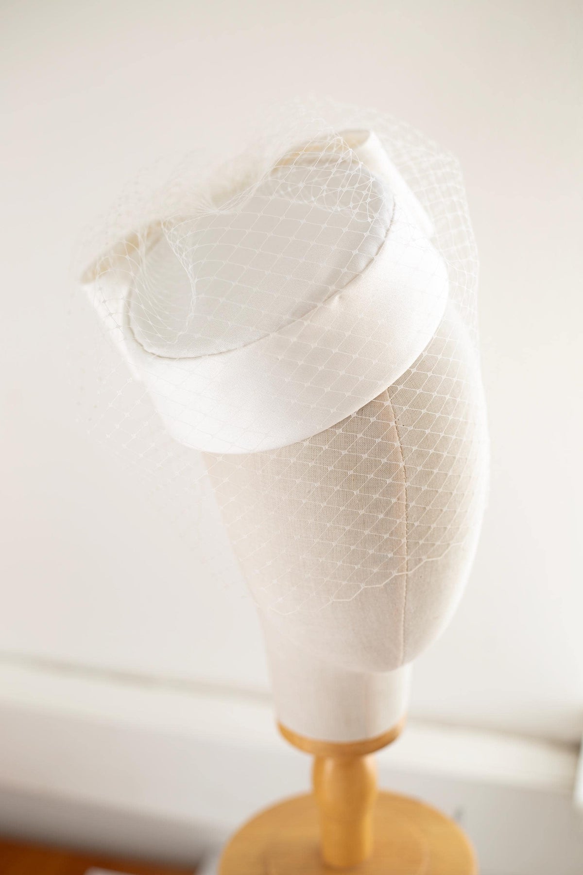 Ivory Satin Pillbox Hat with Birdcage Veil | Bridal Trend 2026 | City Hall Wedding Hat | Fashion-Forward Bridal Headpiece