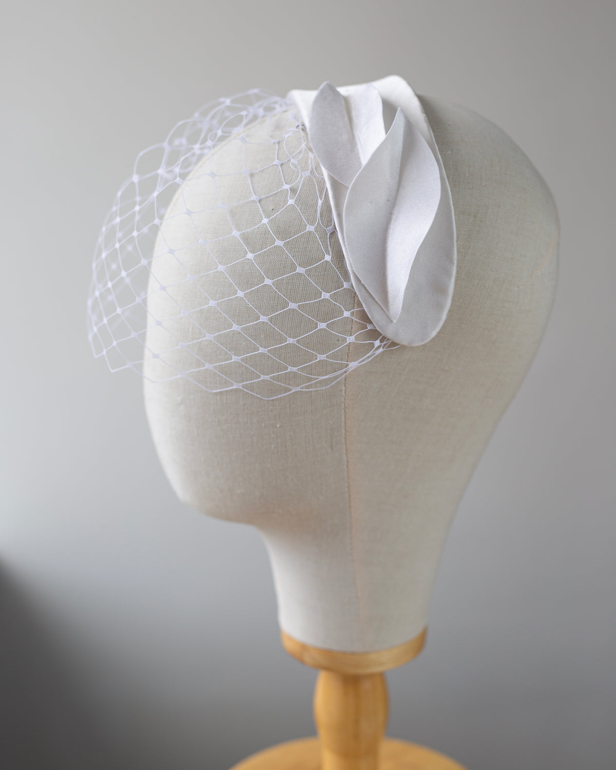 White Silk Satin Bridal Headband with short Birdcage Veil, Handmade Wedding Fascinator, Satin Petals Headpiece
