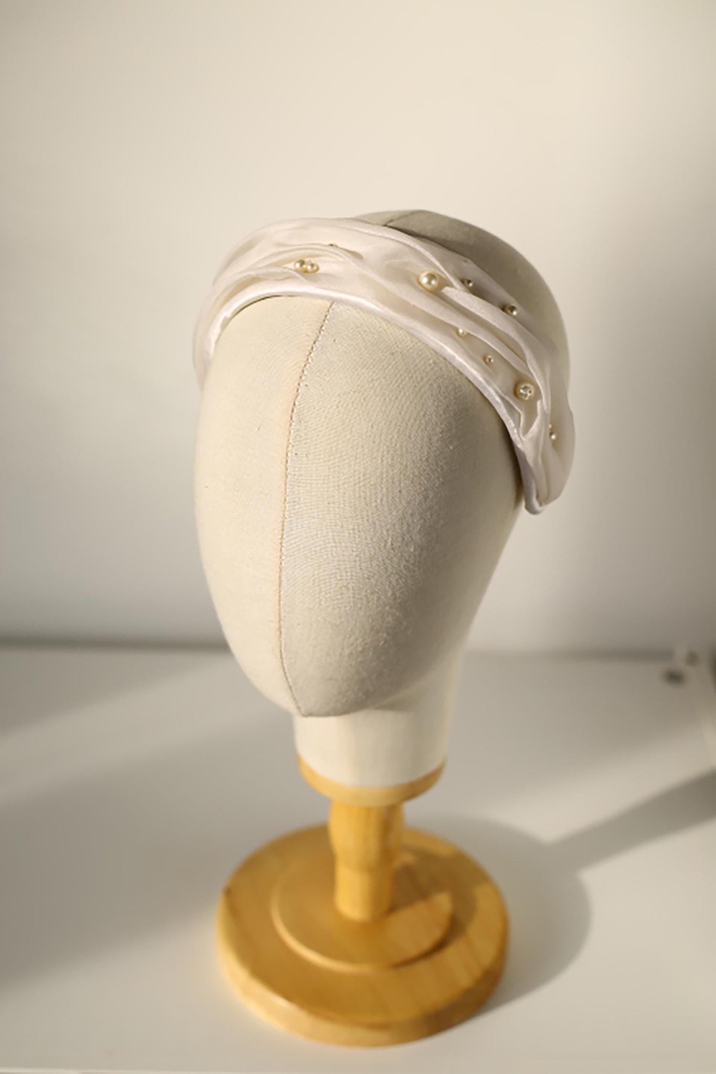 Ruched Silk Bridal Headband with scattered Pearls: Millinery Wedding Headpiece with Swarovski in Ivory, Old Hollywood Style Bride