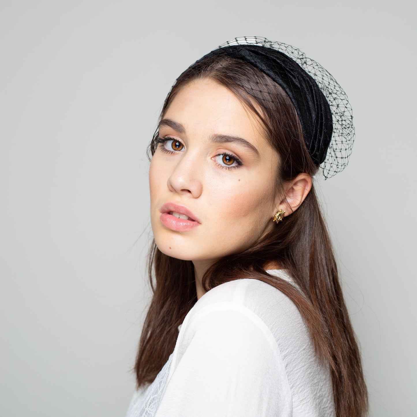 Black silk dupion draped hat cap with removable birdcage veil, special occasion headpiece in retro style