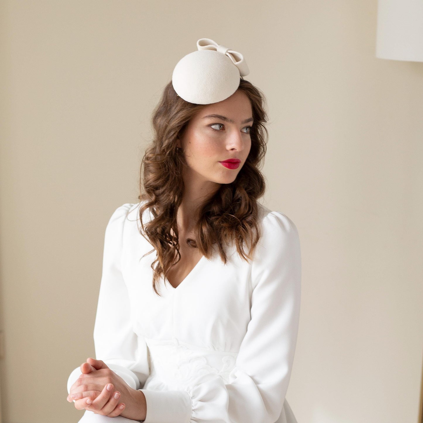 Ivory Fur Felt Pillbox Hat: Modern Bow Wedding Headpiece